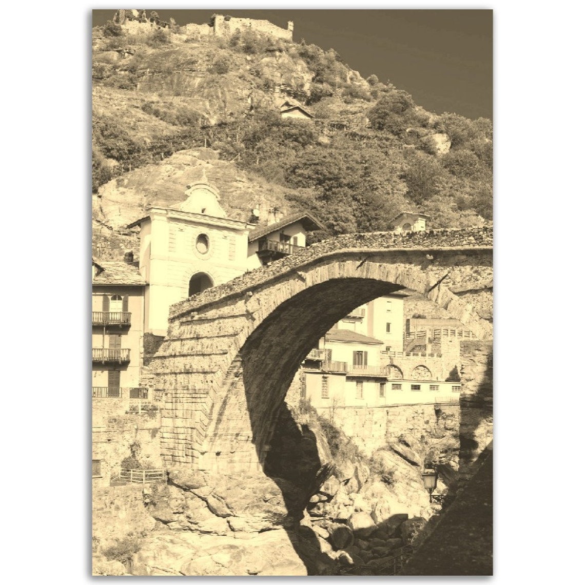 Vintage Piedmont Italy Stone Arch Bridge Sepia Travel Poster