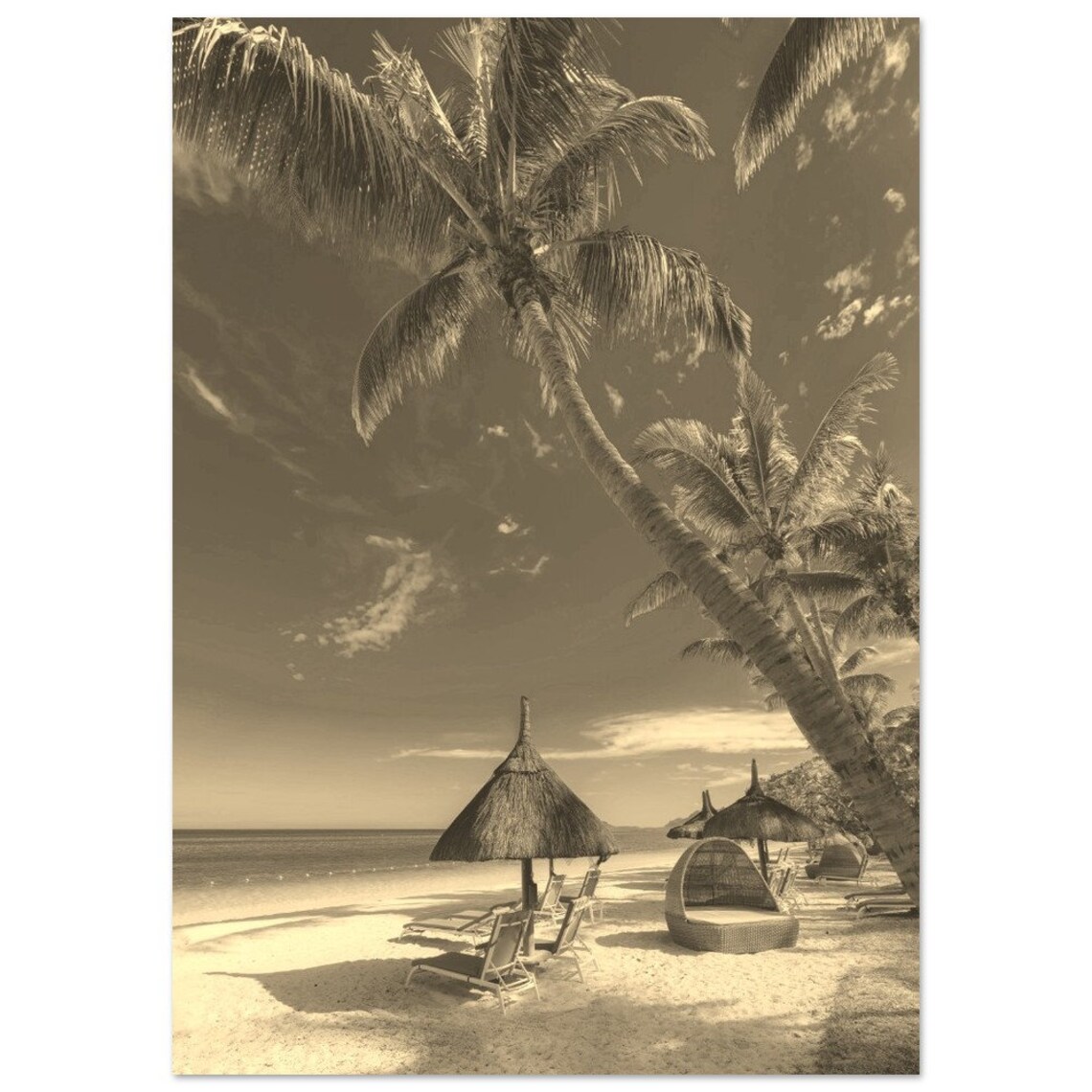 Vintage Mauritius Beach Travel Poster, Retro Sepia