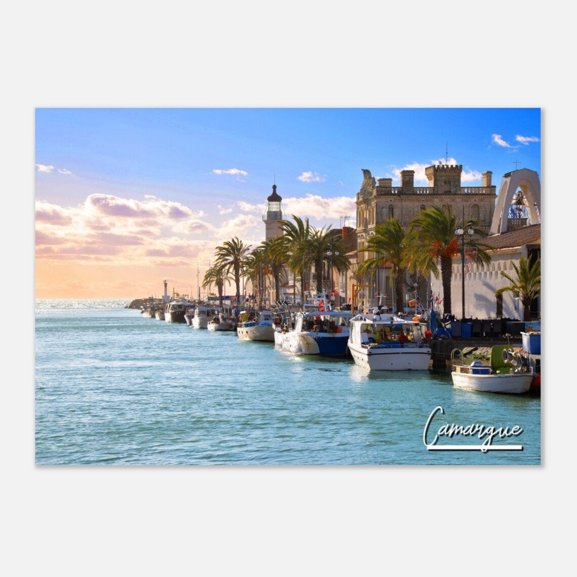 Camargue France Harbor With Boats Lighthouse and Palms Travel Poster