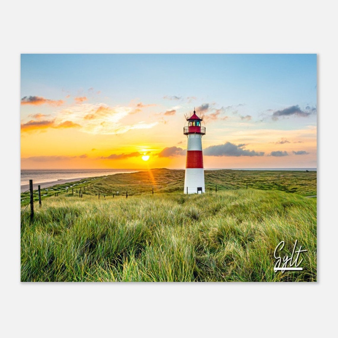 Sylt Germany Lighthouse Golden Sunset Dune Grass Travel Poster