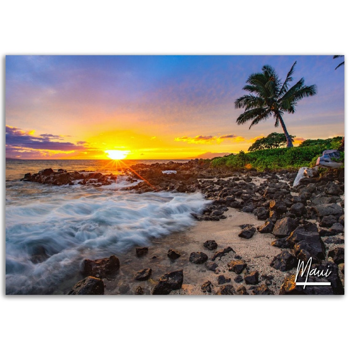 Maui Hawaii Sunset Beach Photo Poster Palm Tree Ocean Travel Art