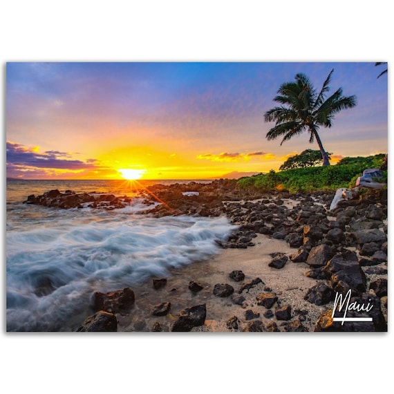 Maui Hawaii Sunset Beach Photo Poster Palm Tree Ocean Travel Art