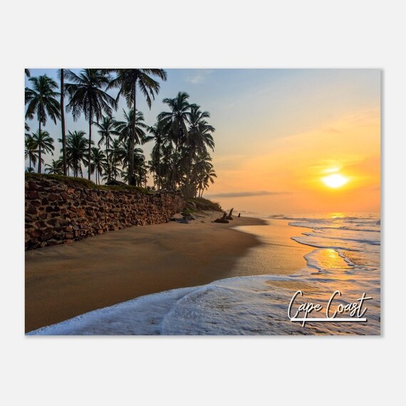 Cape Coast Ghana Beach Sunset Palm Trees Golden Ocean Waves Travel Photo Poster