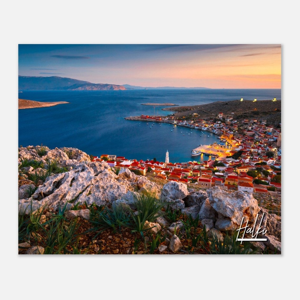 Halki Greece Sunset Poster with Harbor Village Aerial Photography