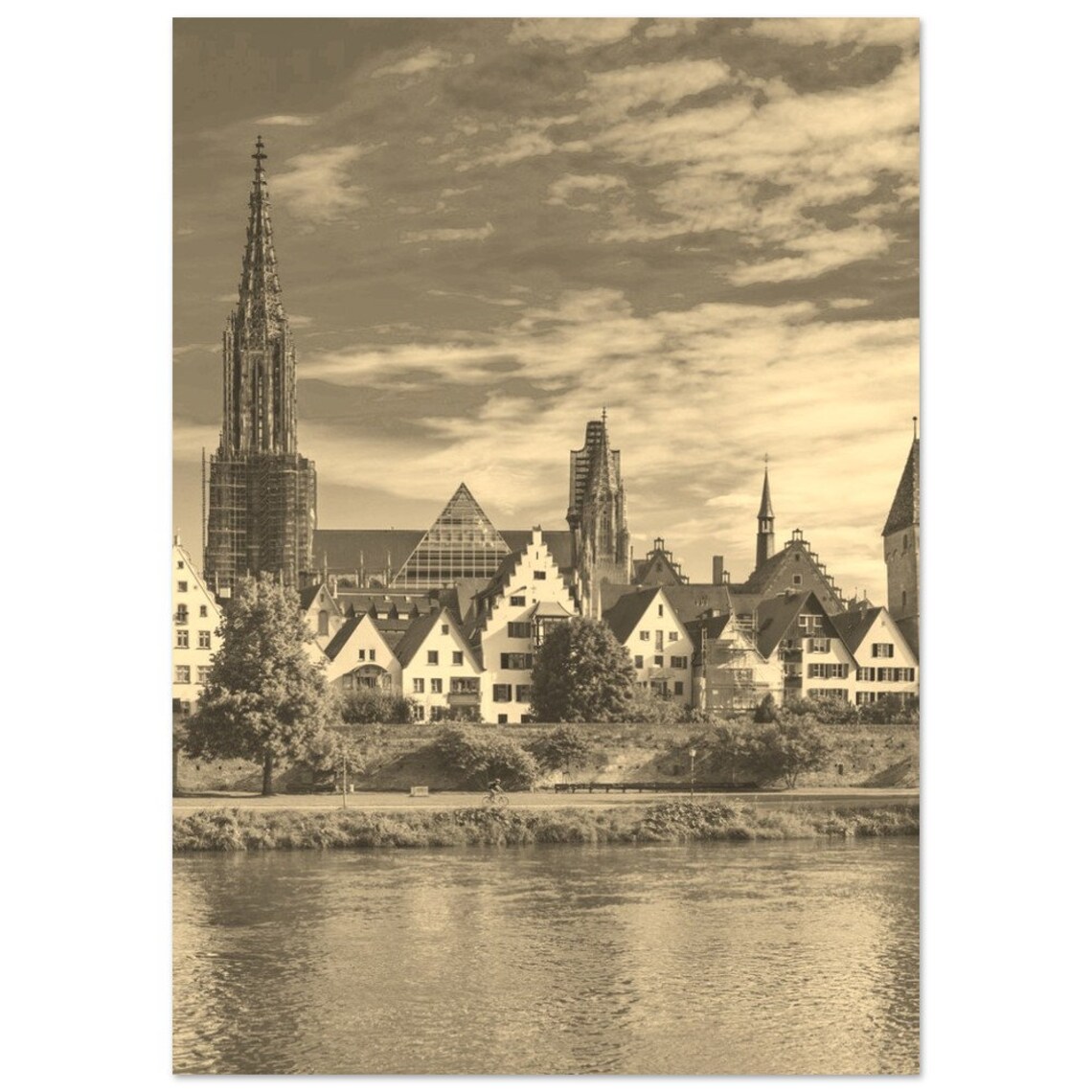 Vintage Sepia Ulm Minster Gothic Church Riverside Travel Poster