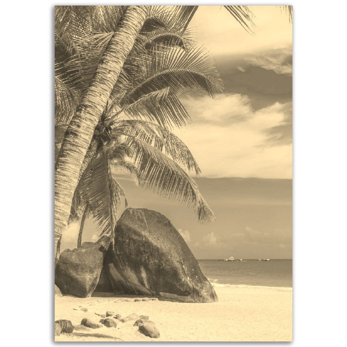 Vintage Sepia Tropical Beach Palms Ocean Coastal Travel Poster
