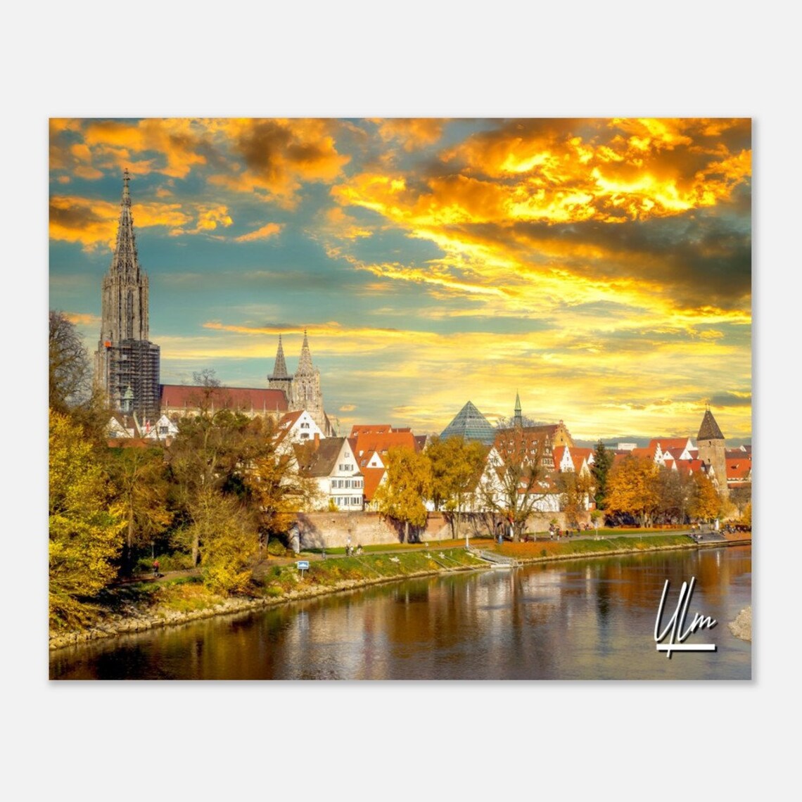 Ulm Germany Sunset Over Old Town And Cathedral Riverside Travel Poster