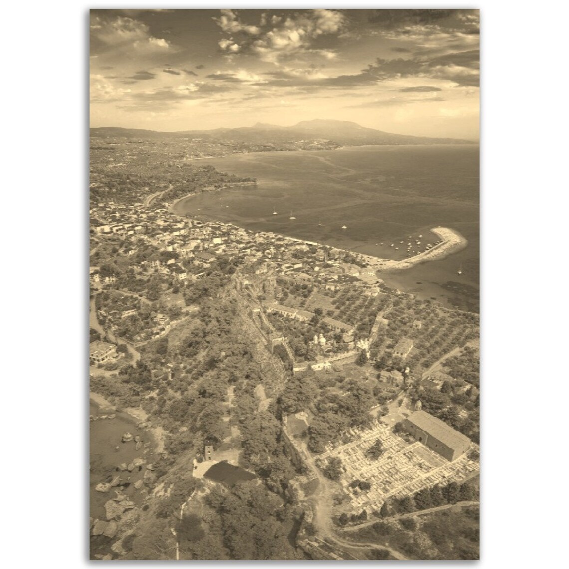 Peloponnese Greece Sepia Aerial Coast Town Harbor Travel Poster