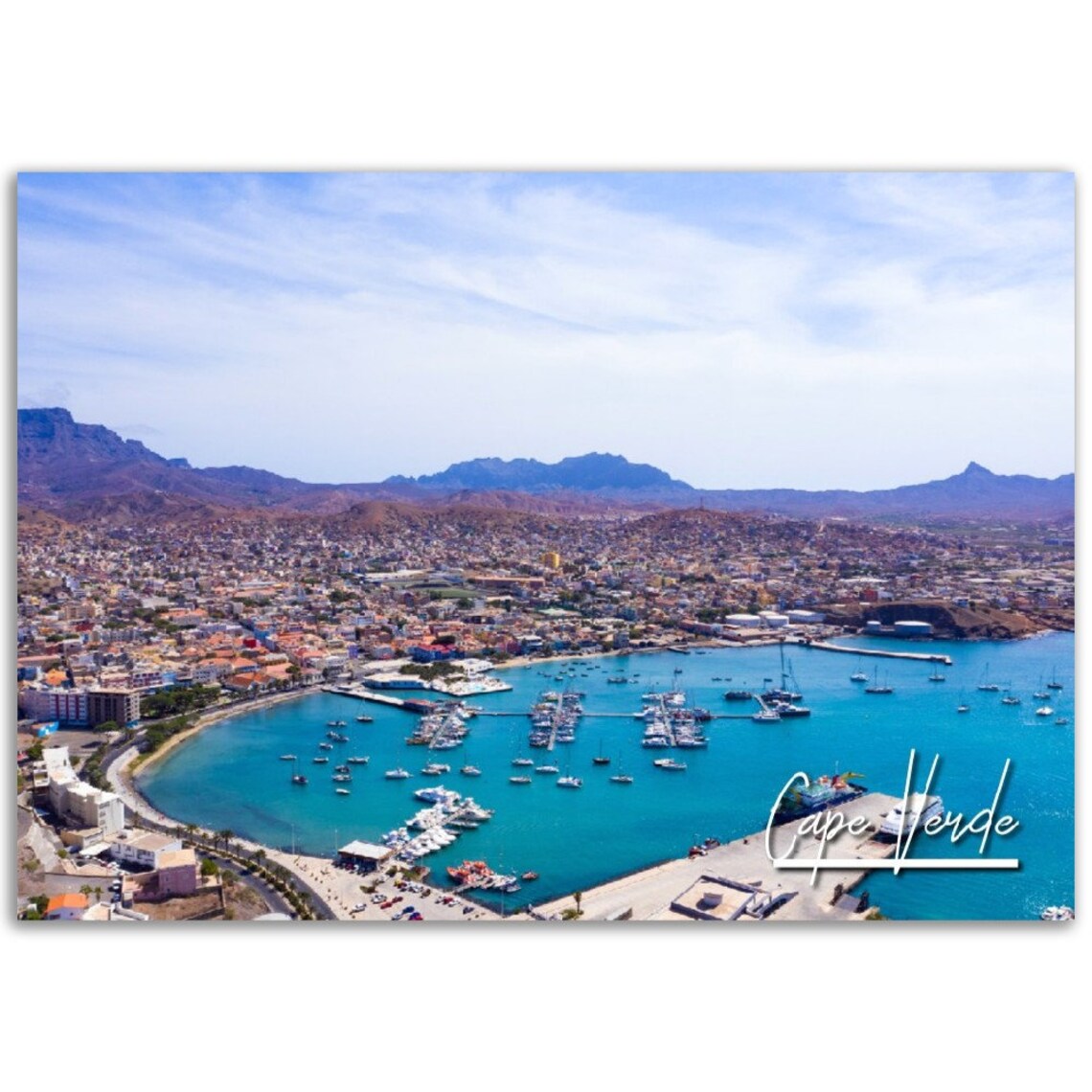 Cape Verde Aerial Harbor City Mountains Turquoise Bay Photo Poster