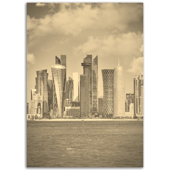 Vintage Doha Skyline Poster Retro Sepia Qatar Cityscape
