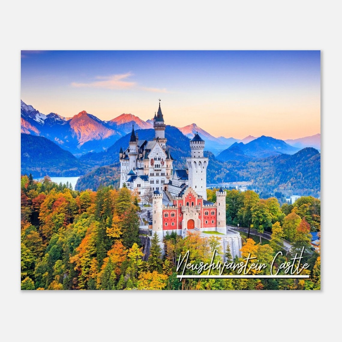 Neuschwanstein Castle Germany Autumn Sunset Mountain Travel Poster