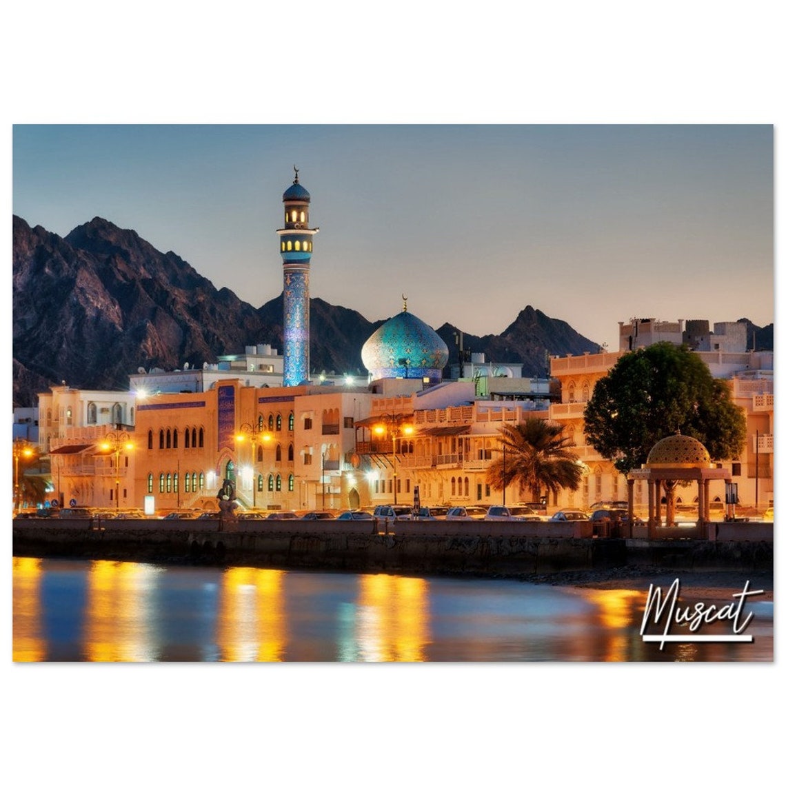 Muscat Oman Blue Dome Mosque Night Waterfront Cityscape Poster