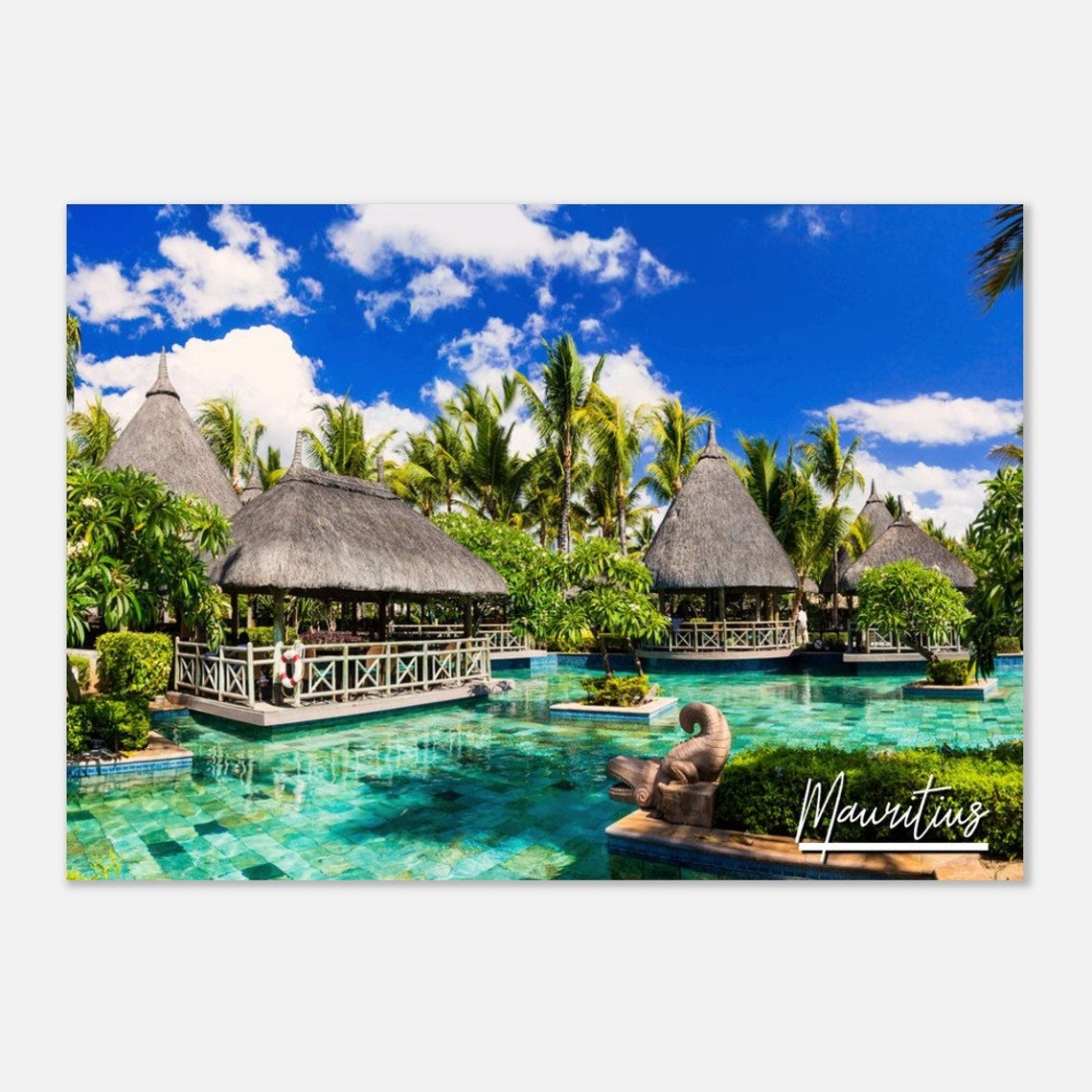 Mauritius Tropical Resort Pool Thatched Pavilions Palm Trees Poster