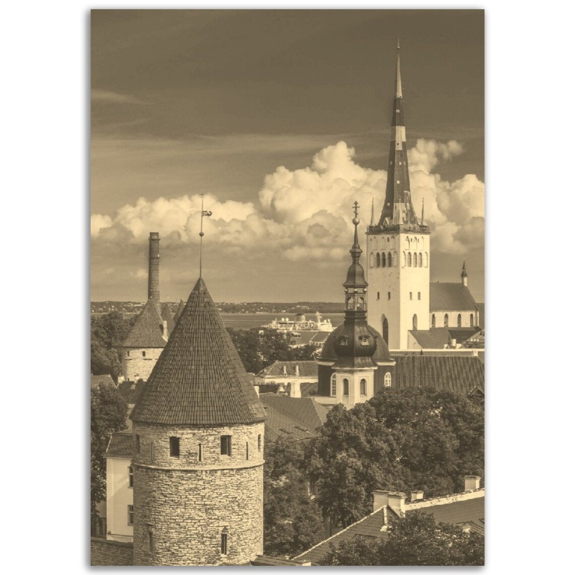 Vintage Tallinn Old Town Towers Church Spire Sepia Photo Poster