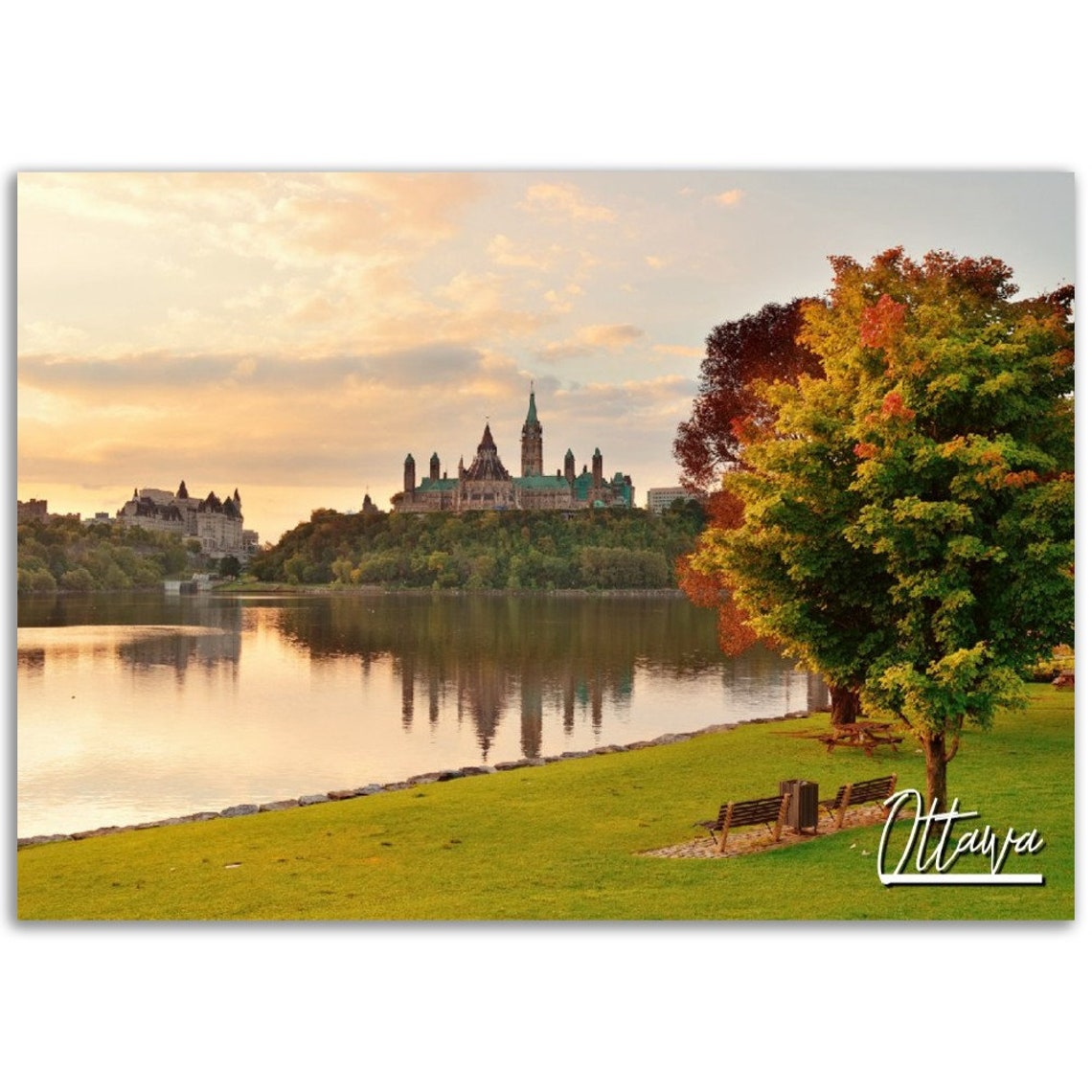 Ottawa Canada Parliament Hill Sunset River Reflection Travel Poster