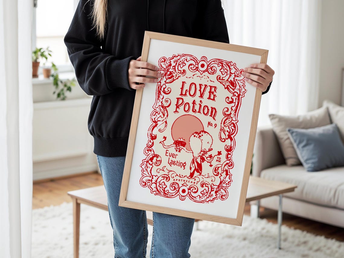 Love Potion No 9 Vintage Apothecary Label Red Romance Poster - Image 3