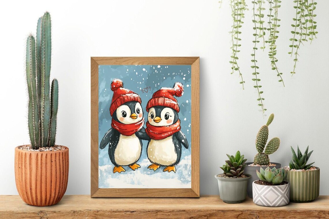 Penguin Couple in Red Winter Hats and Scarves Snowfall Poster - Image 2