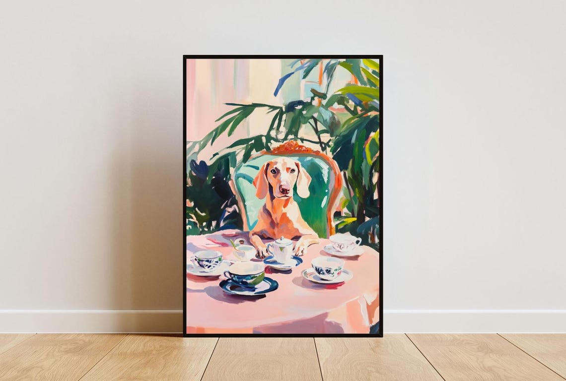 Weimaraner Dog Garden Tea Party Pastel Oil Painting Style Poster