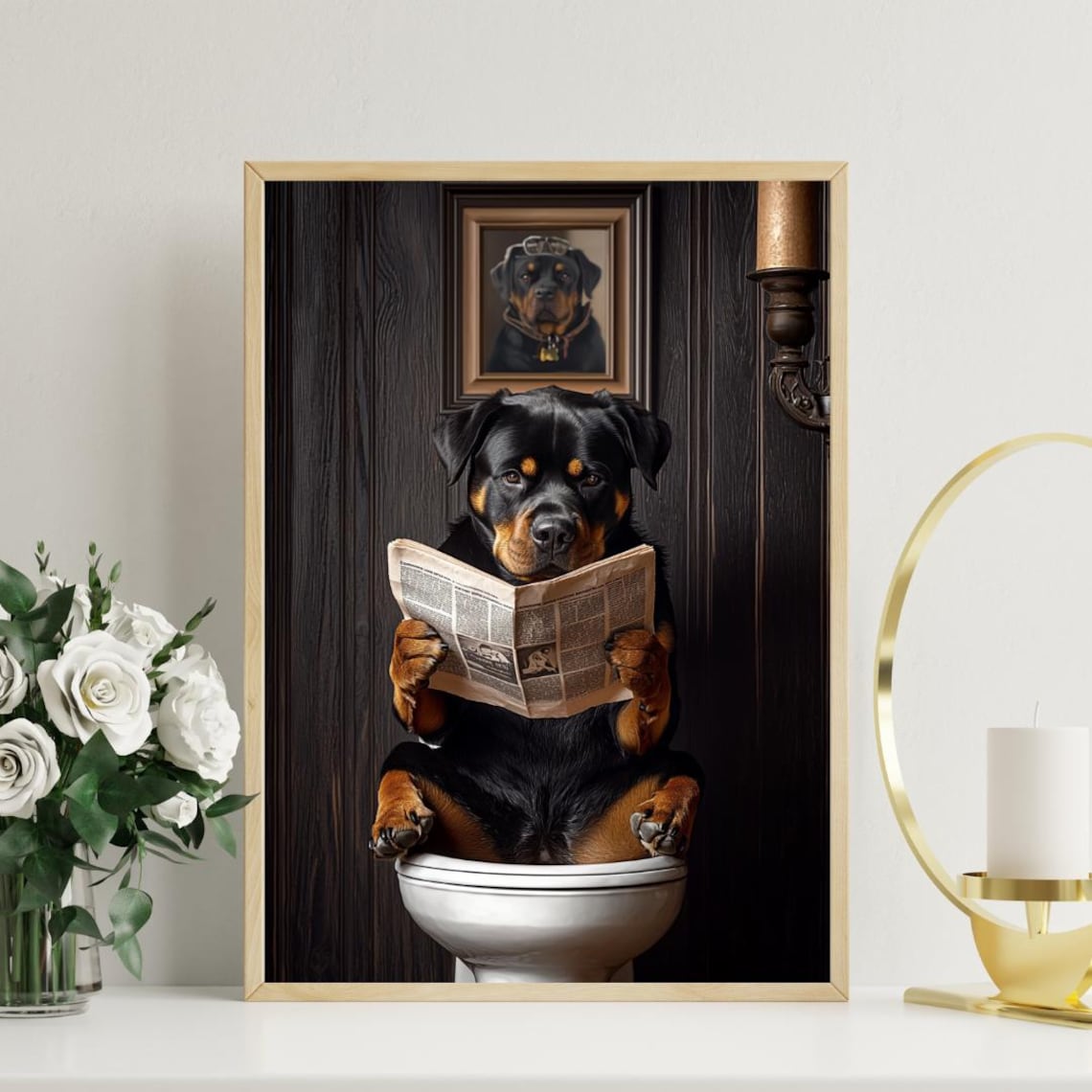 Rottweiler On Toilet Bathroom Dog Art Print - Image 3