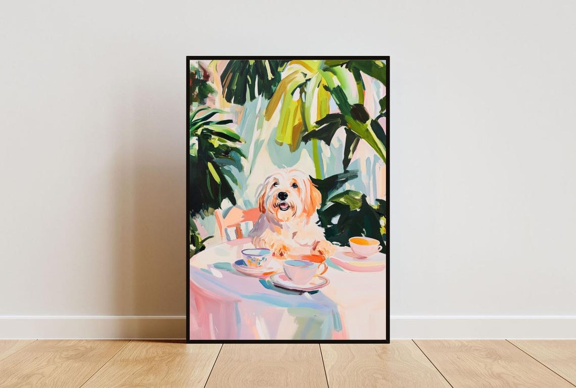 Old English Sheepdog Tea Party Fluffy Cream Cute Puppy Pet Poster