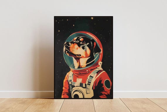 Rottweiler Astronaut Poster Rottweiler Retro Print Rottweiler Portrait Dog Retro Space Poster Funny Dog Poster Andy Warhol Style Print