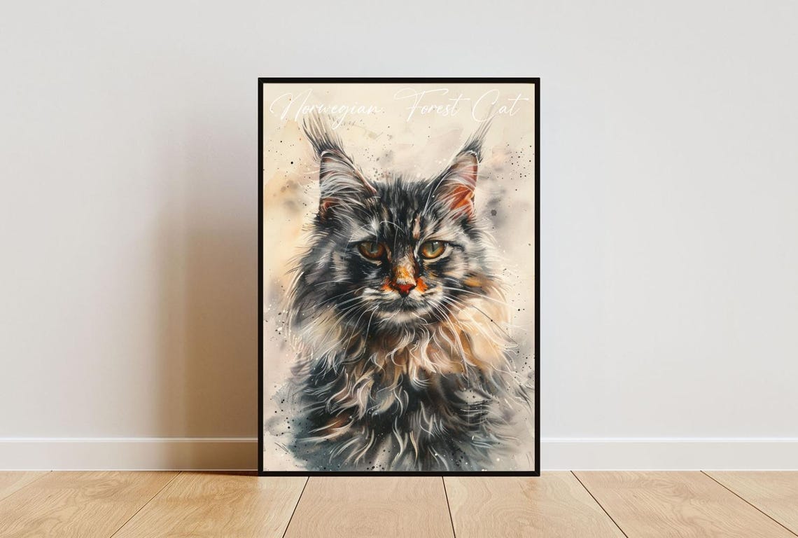Norwegian Forest Cat Watercolor Portrait Majestic Fine Art Poster