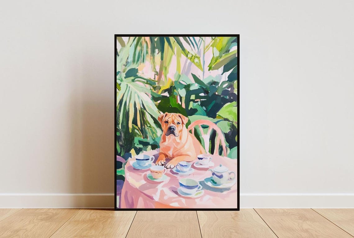 Shar Pei Puppy Tea Party Wrinkly Cute Dog Oil Painting Pet Poster