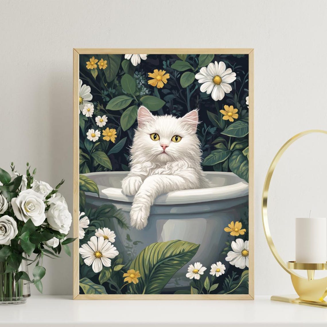 Selkirk Rex Cat in Bathtub Botanical Poster Funny Bathroom Decor Piece - Image 3