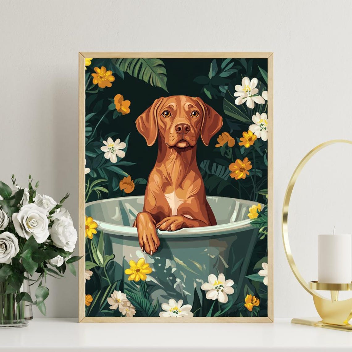 Vizsla in Bathtub Rust Brown Dog Bathroom Tropical Floral Art Poster - Image 3