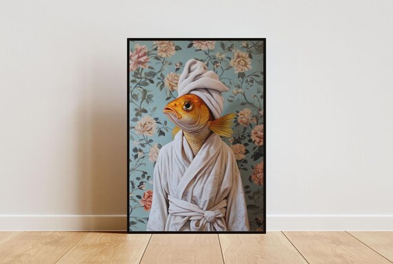 Fish In Bathrobe Poster Animal Poster Fish Bathroom Print Animal Wall Art Fish Portrait Animal Bathroom Poster Funny Fish Poster