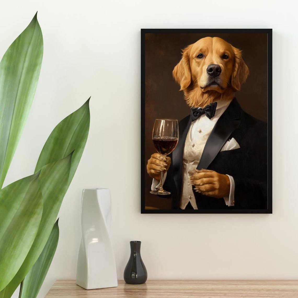 Golden Retriever in Tuxedo with Wine Glass Renaissance Dog Poster - Image 2