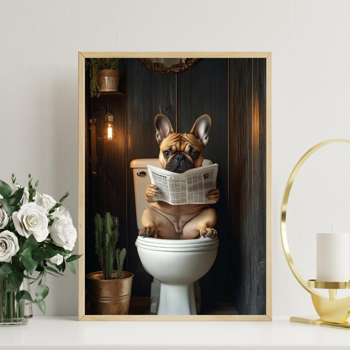 French Bulldog On Toilet Bathroom Dog Art Print - Image 3