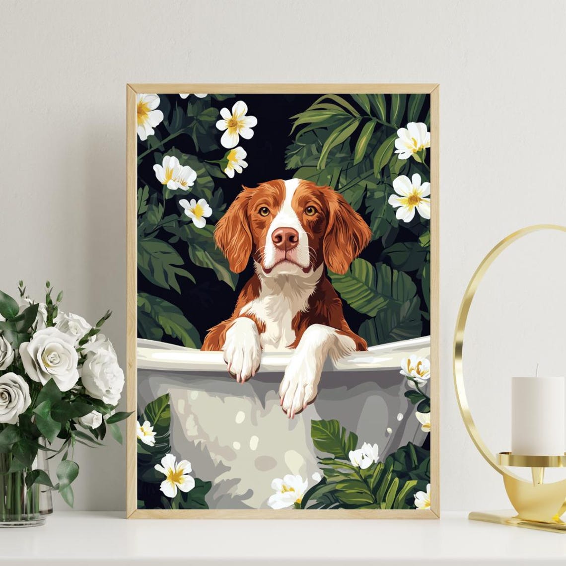 Brittany Spaniel in Bathtub Orange Dog Bathroom Floral Art Poster - Image 3