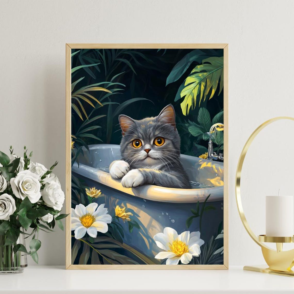 British Shorthair Cat in Bathtub Botanical Bathroom Funny Decor Poster - Image 3