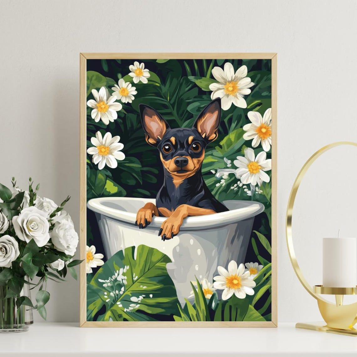 Miniature Pinscher in Bathtub Tiny Black Dog Bathroom Daisy Poster - Image 3