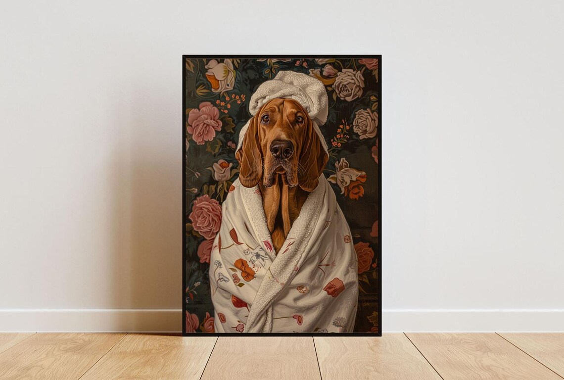 Bloodhound In Bathrobe Bathroom Dog Portrait Poster