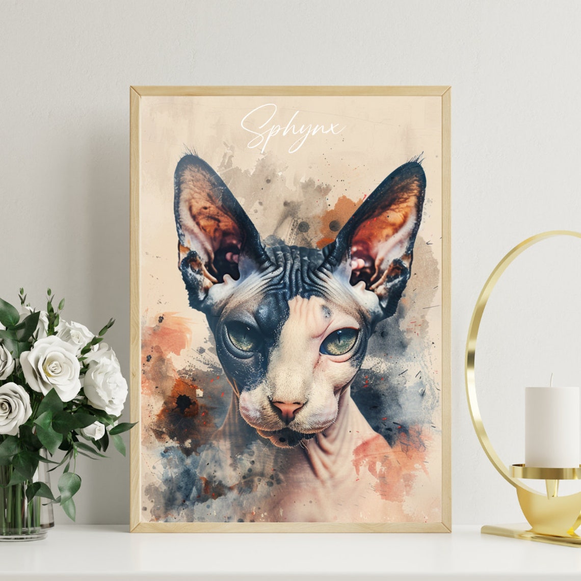 Sphynx Cat Watercolor Portrait Hairless Elegant Fine Art Poster - Image 3