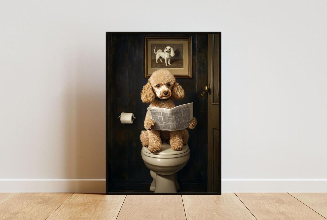 Poodle Toilet Bathroom Poster, Dog Portrait Print