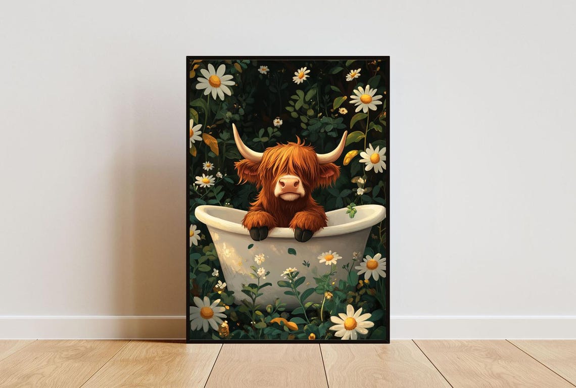 Highland Cow In Bathtub Poster Funny Animal Poster Highland Cow Bathroom Print Highland Cow Bath Poster Funny Animal Bathroom Wall Art