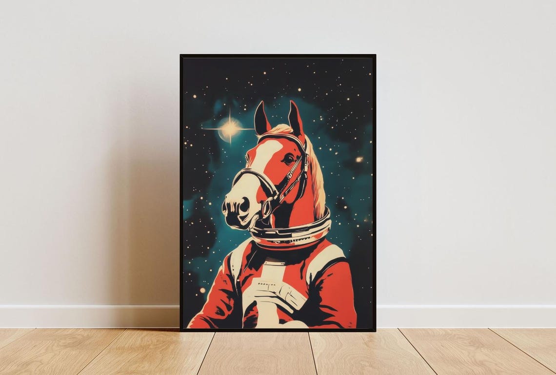Horse Astronaut Vintage Retro Starry Space Portrait Poster Art