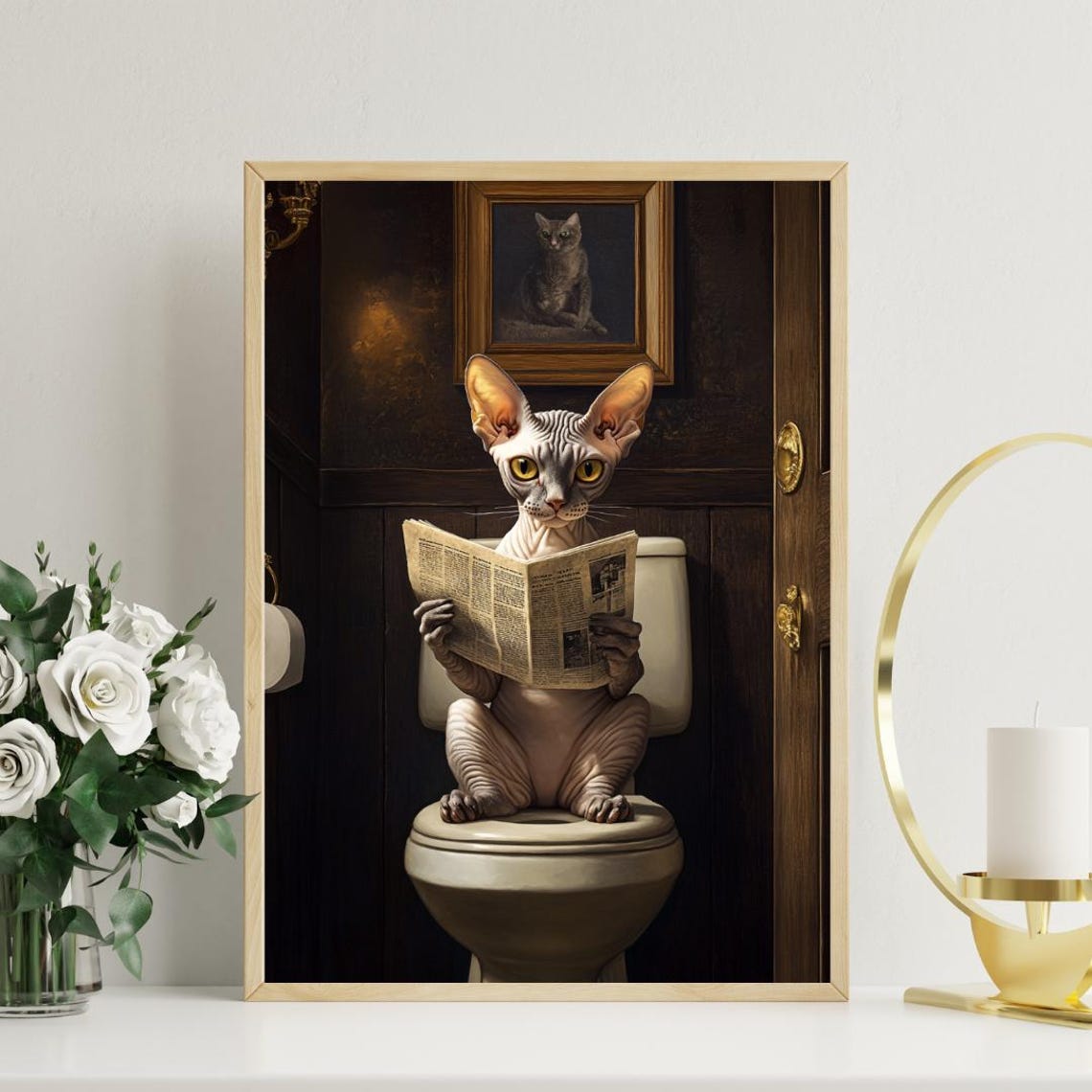 Funny Devon Rex Cat on Toilet Reading Newspaper Bathroom Poster - Image 3