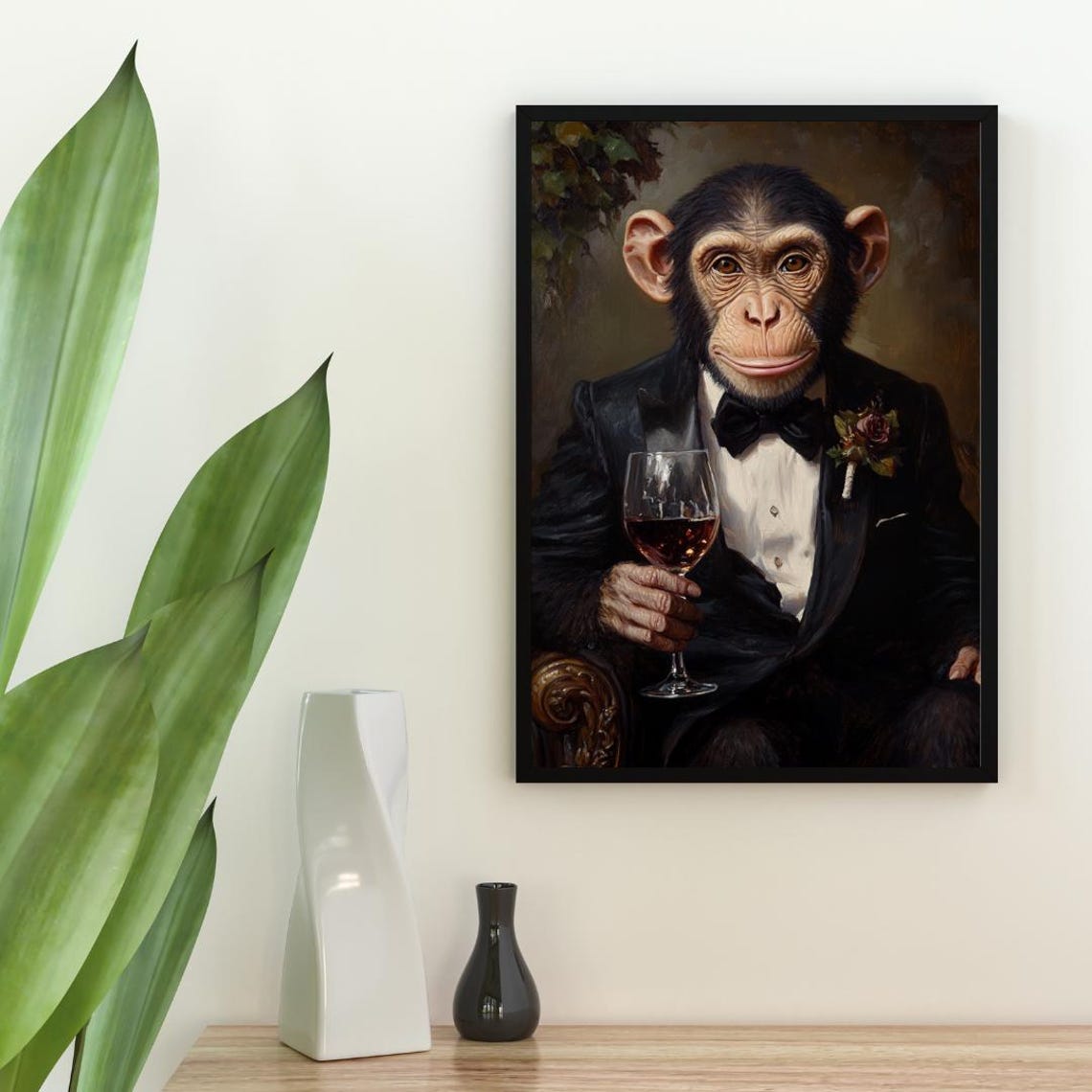 Chimpanzee In Tuxedo Holding Wine Glass Formal Oil Painting Poster - Image 2