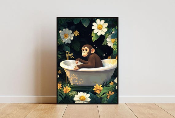 Monkey In Bathtub Poster Funny Animal Poster Monkey Bathroom Print Monkey Bath Poster Animal Bathroom Wall Art Animal Print Monkey Art
