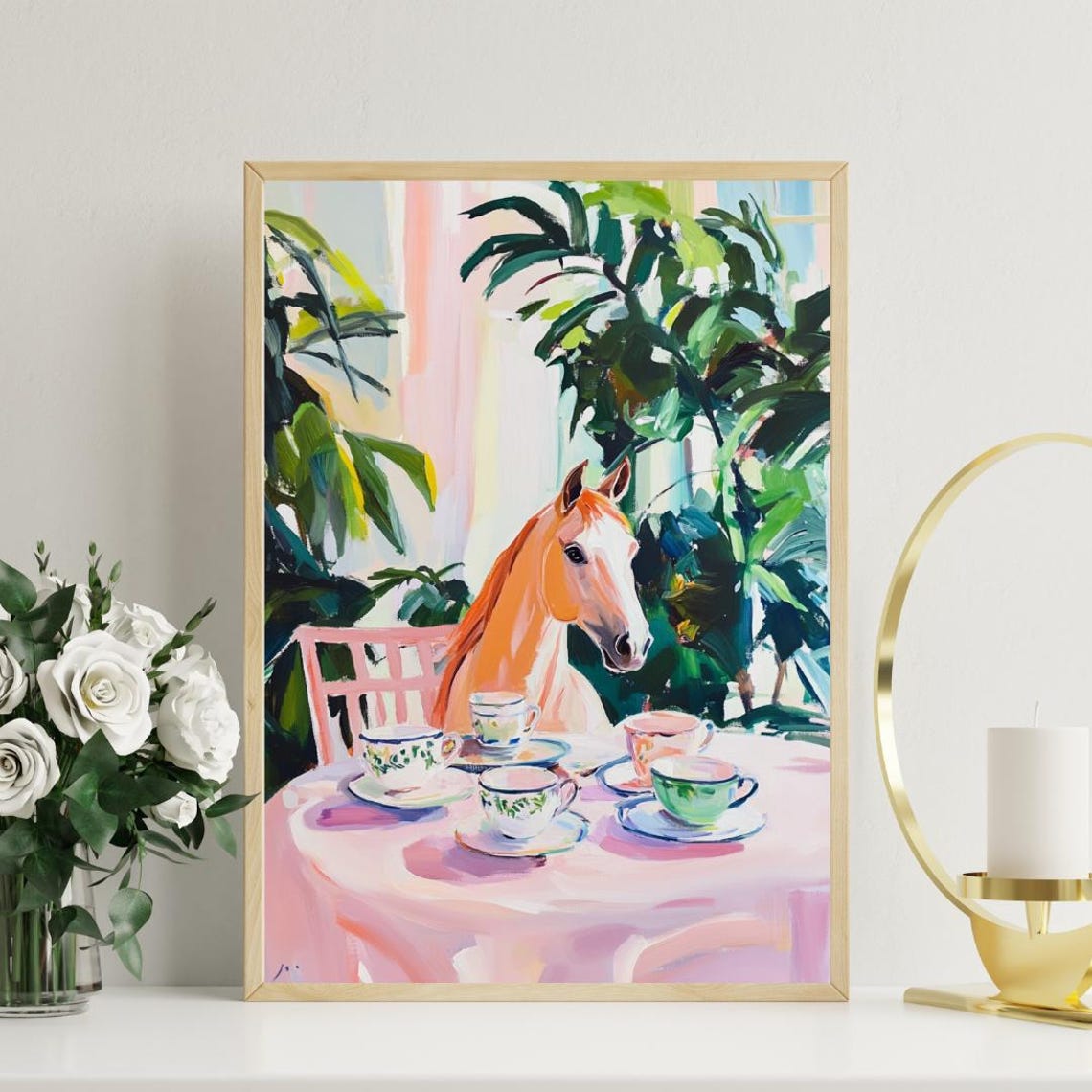 Horse at Tea Table Whimsical Equestrian Animal Painting Poster - Image 3