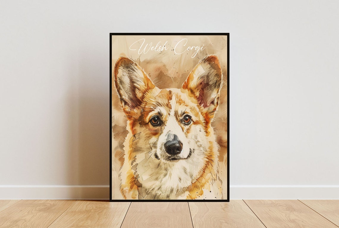 Welsh Corgi Watercolor Dog Breed Portrait Poster Script Name Detail
