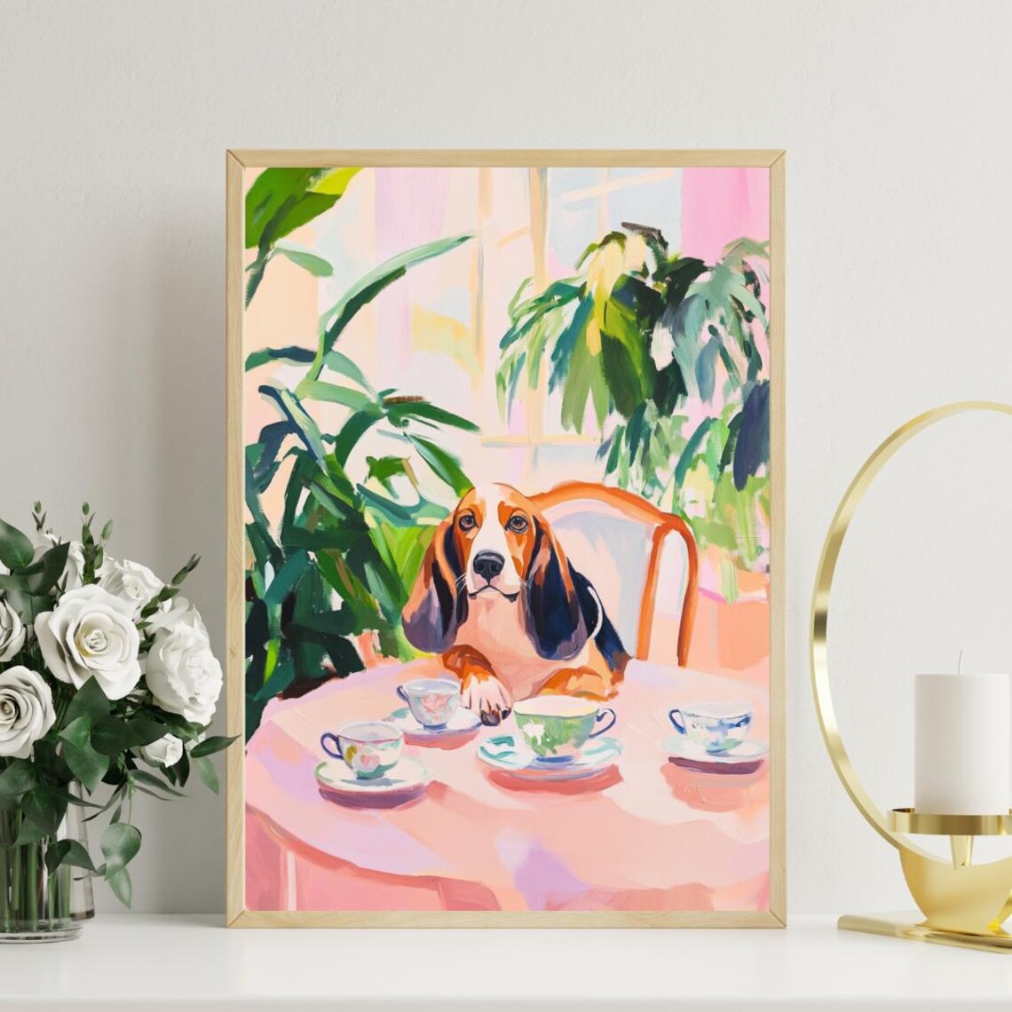 Basset Hound Dog Garden Tea Party Pastel Oil Painting Poster - Image 3