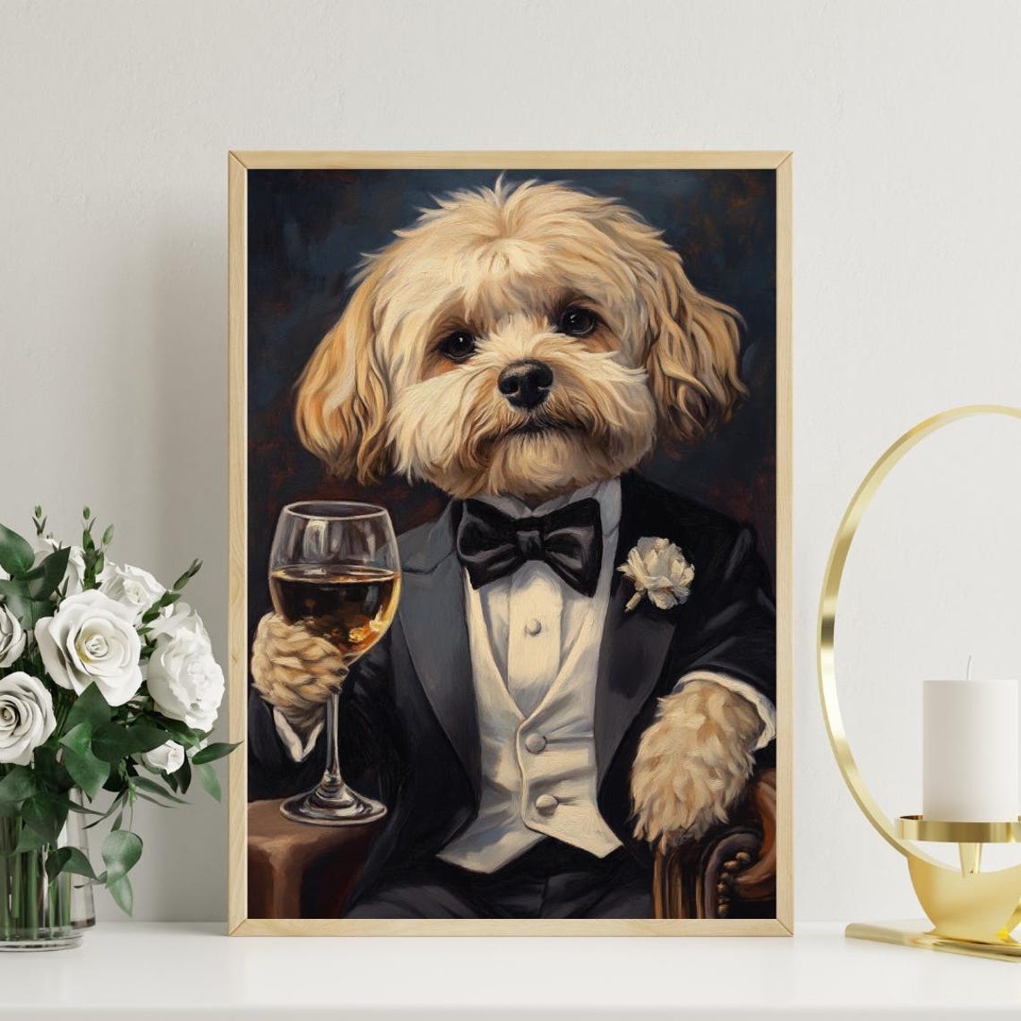 Havanese Dog In Tuxedo Holding White Wine White Flower Portrait Poster - Image 3