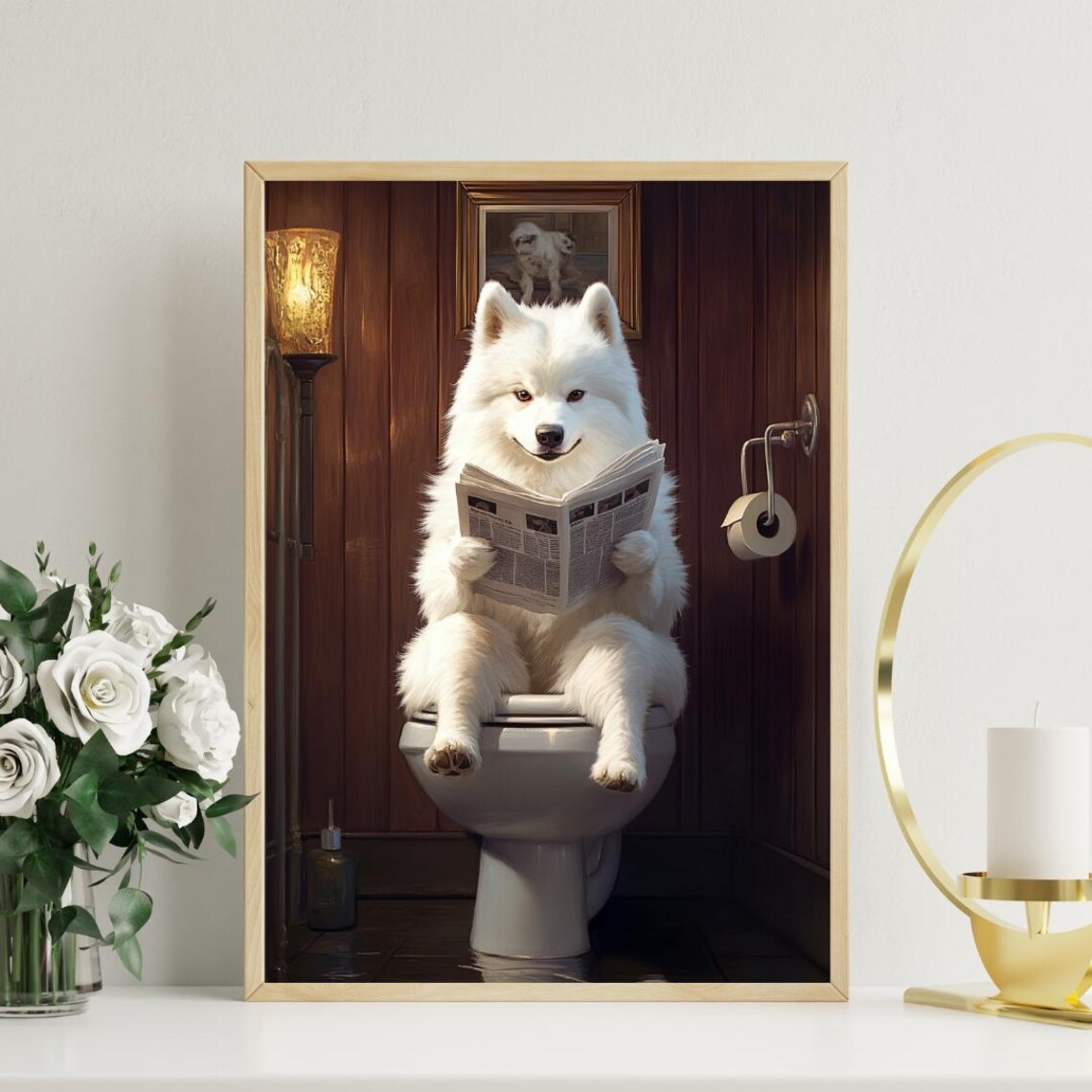 Samoyed On Toilet Bathroom Dog Art Print - Image 3