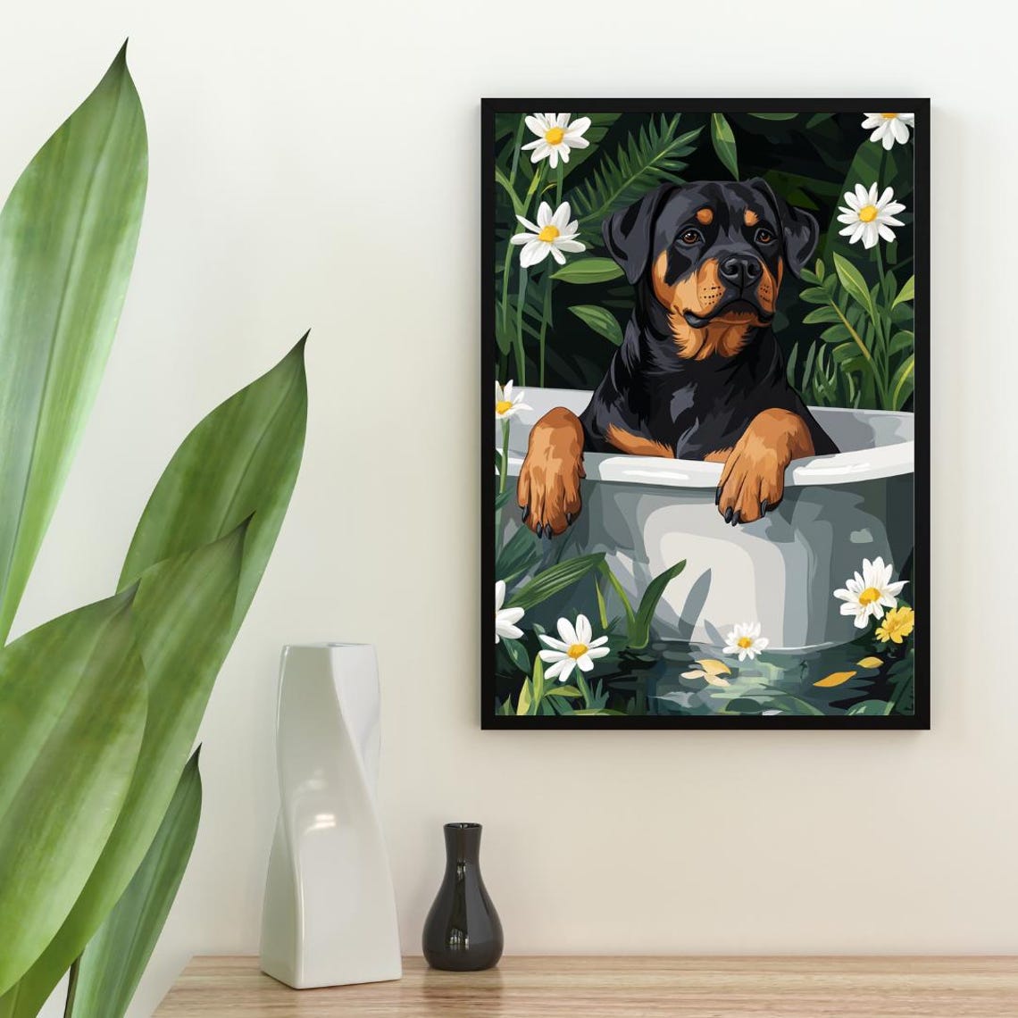 Rottweiler in Bathtub Black Tan Dog Bathroom Daisy Floral Art Poster - Image 2