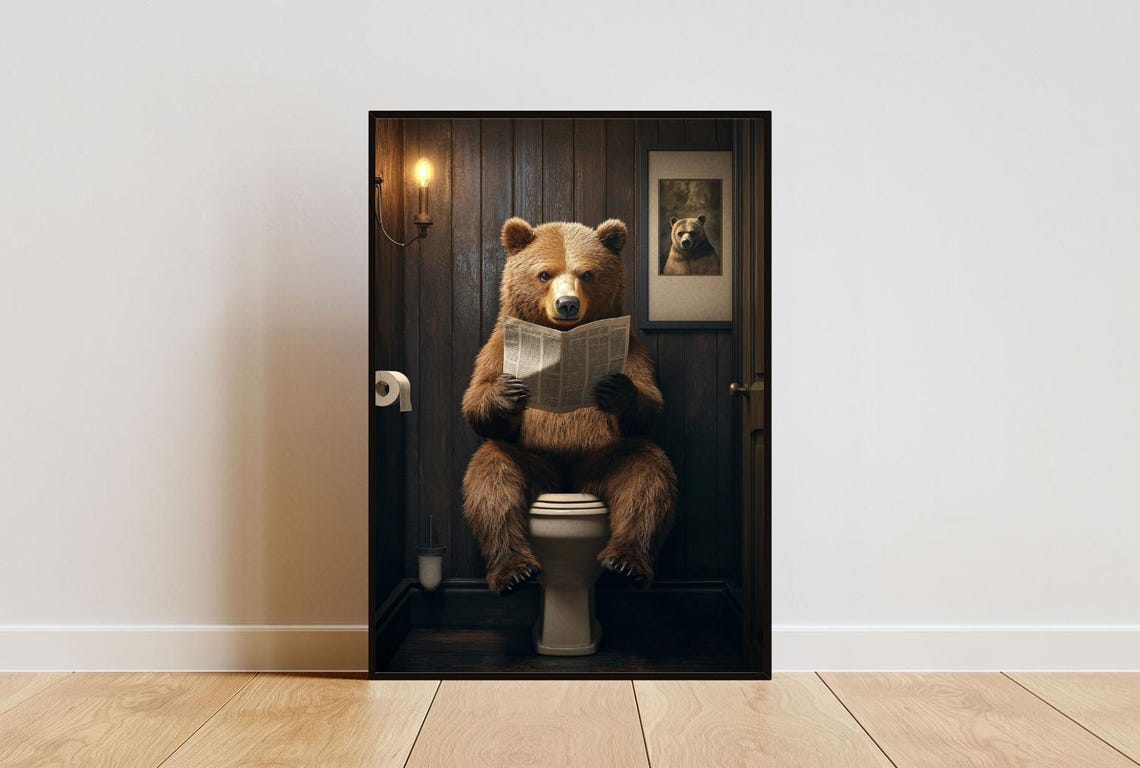 Bear On Toilet Poster Animal Poster Bear Bathroom Print Animal Toilet Wall Art Grizzly Bear Portrait Animal Bathroom Poster Brown Bear